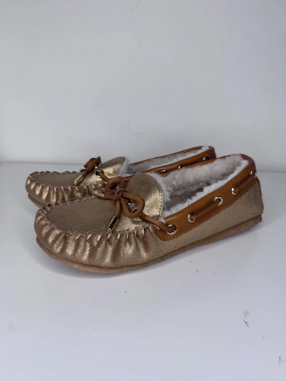 Tory Burch Metallic Gold Faux-Fur Lined Moccasins Flats 7